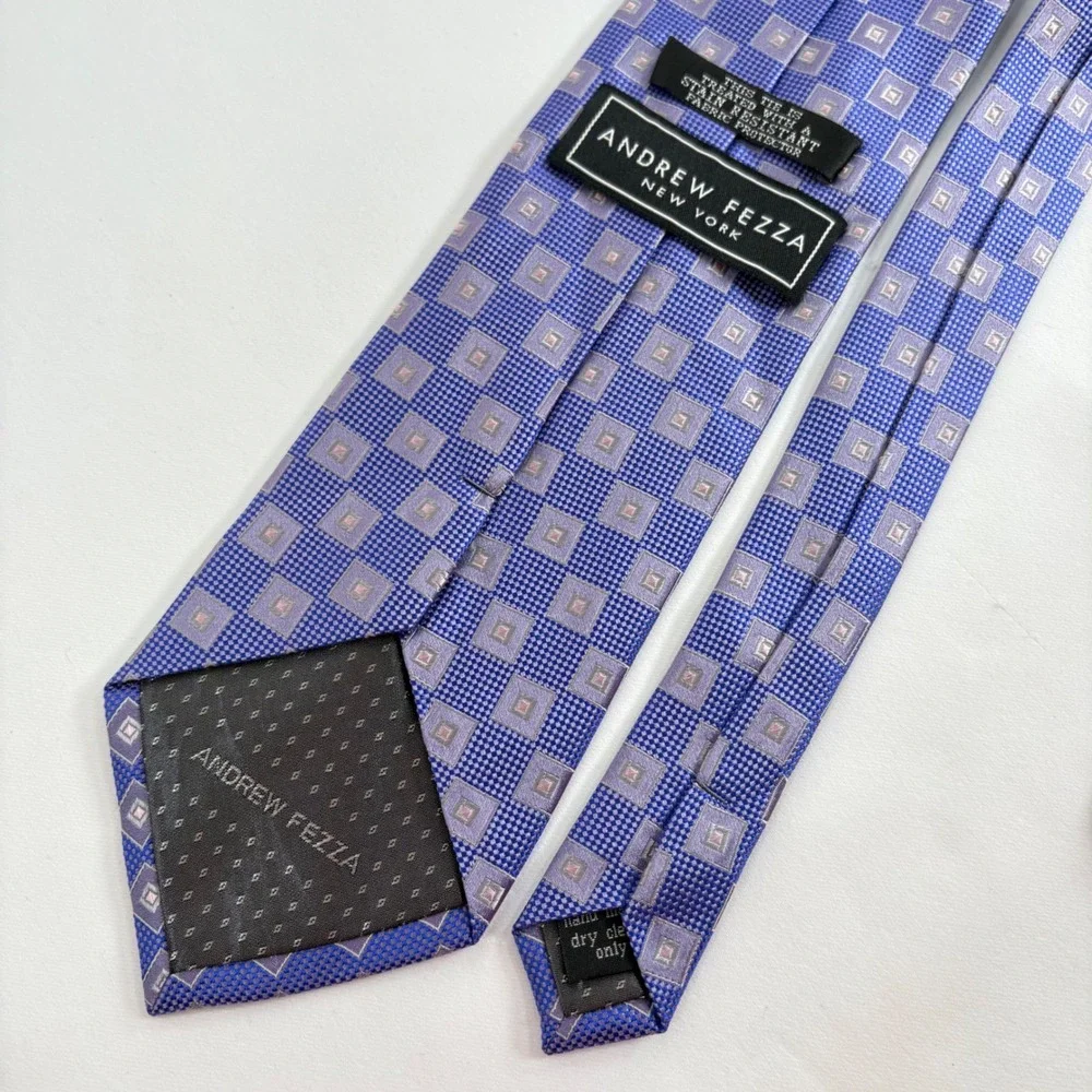 Andrew Fezza Tie Blue Purple Geometric Silk Stain Resistant Handmade 1877
